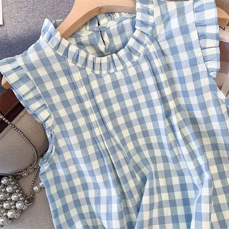 Stylish Korean Flying Sleeve Blouse Female Clothing Blue Plaid Summer Basic Folds Hotsweet Sleeveless Edible Tree Fungus Shirt