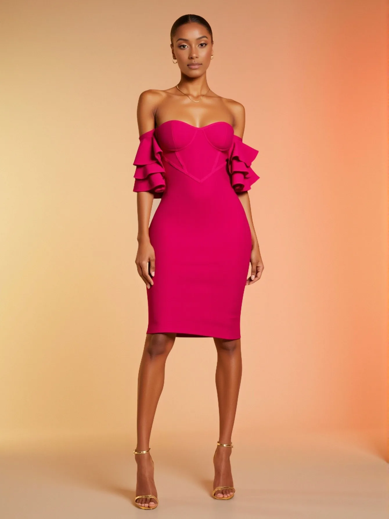 

Rosered Color Women Sexy Strapless Ruffles Bodycon Mini Bandage Dress Birthday Party Celebrate Cocktail Dress Vestido