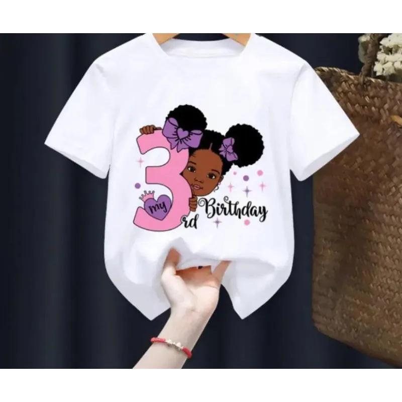 Czarna dziewczyna mój numer urodzinowy nadruk z imieniem T-shirt prezent urodzinowy dla dzieci ubrania Baby Letter TOps Tee