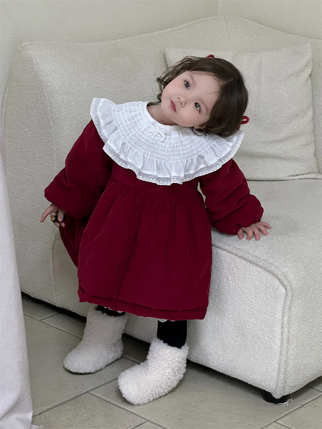 2024 Winter New Baby Girls Large Lace Collar Princess Dress Plus Velvet Thick Girls Fleece Padded Dress Infant Toddler Clothes