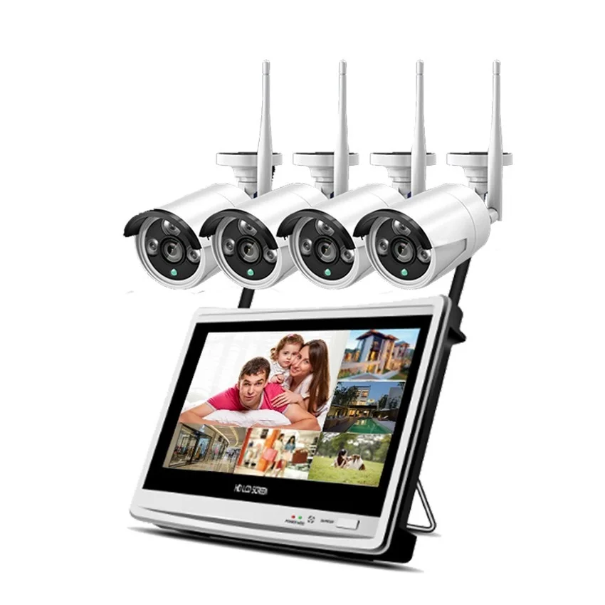 

Wireless WiFi NVR 4CH 4pcs 3MP Outdoor Bullet Cameras Night Vision Waterproof All-in-One Security System with 12" LCD Monitor