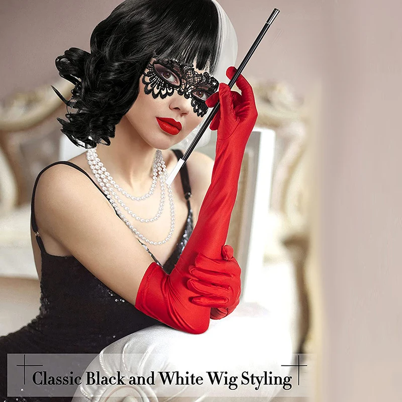 1Set Cruella De Vil Cosplay Prop Black White Wig Eye Mask Gloves Necklace Women Girls Costume Party Decor