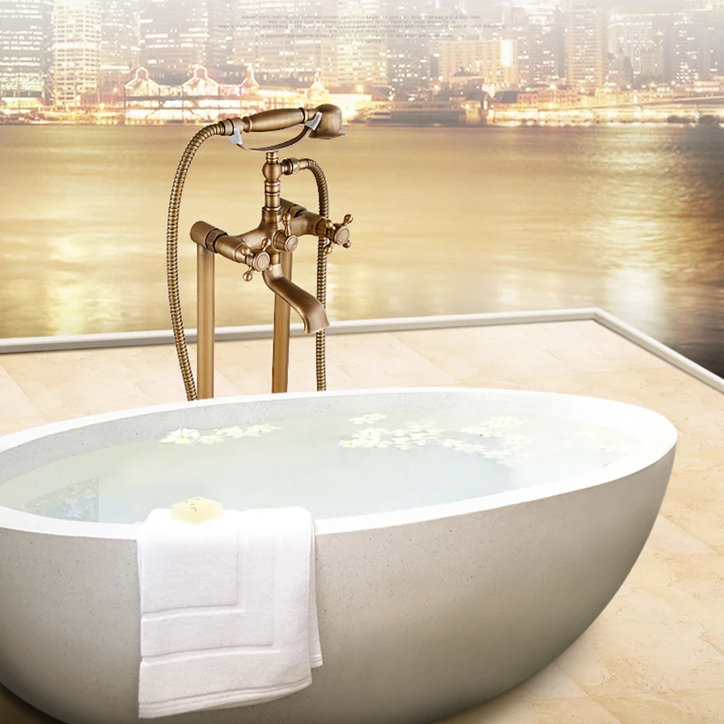 Antique Wall /Floor Mounted Bathtub Shower Faucet Dual Handles Free standing Swivel Spout Faucet Bathtub Hot Cold Mixer Tap 6050 image 2