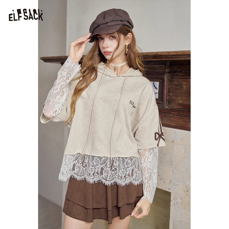 ELFSACK Women's Hooded Sweatshirt with Bow Decor, Lace Patchwork Long Sleeve Top, Casual Pullover for Daily Wear