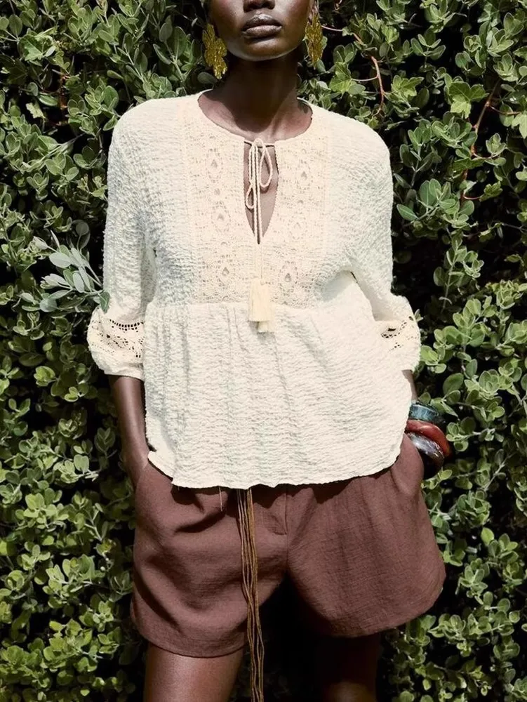 

Faionable V-Ne Long Sve Knitted Patchwork irt Women's Casual Comfortable Sle Summer 2025 Color Commute Wind