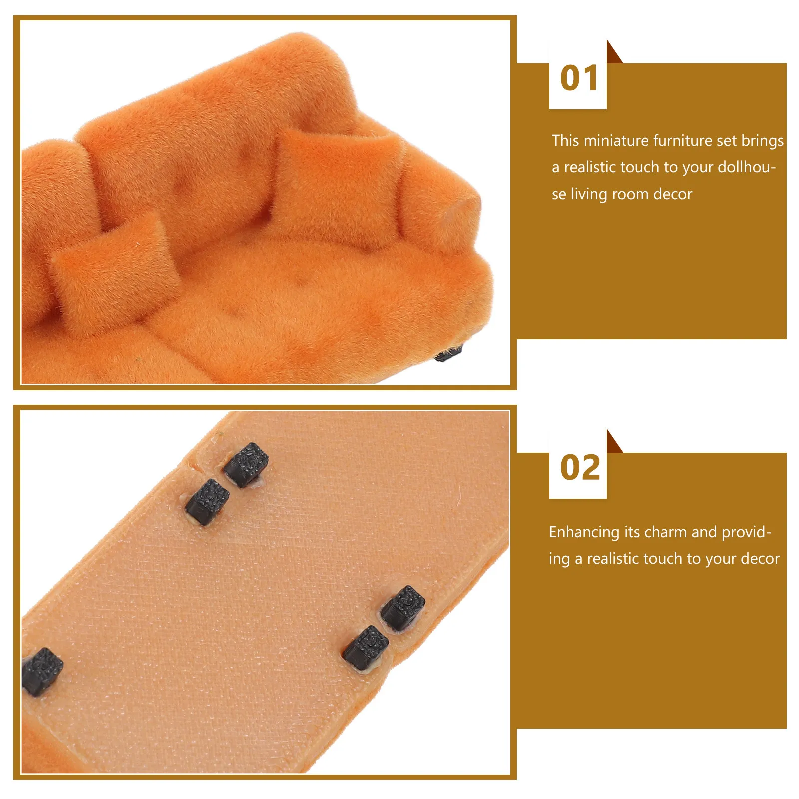 Miniature Dollhouse Sofa 1:30 Scale Brown Flocked Tiny Couch Soft Texture Realistic Detail Compact Lightweight for Desk Shelf