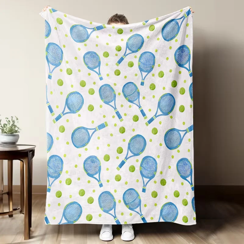 Cute Watercolor Tennis Racket Ball Pattern Blanket Soft Sport Themed Blanket White Background Couch Bed Nap Blanket