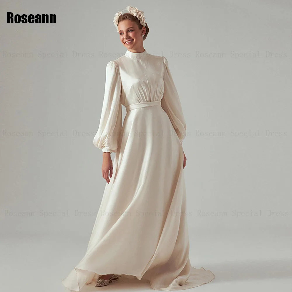 Muslim High Quality Ivory A-line Wedding Dresses Draped Pleat Full Ruffle Satin Belt Bride Gown Floor Length robe de mariée