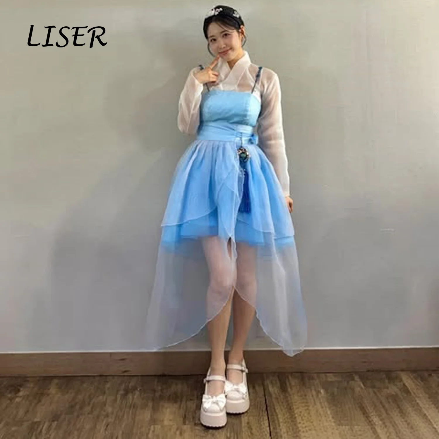 Hanbok Modern Set - Liser Hanbok Corto Moderno Azzurro Set
