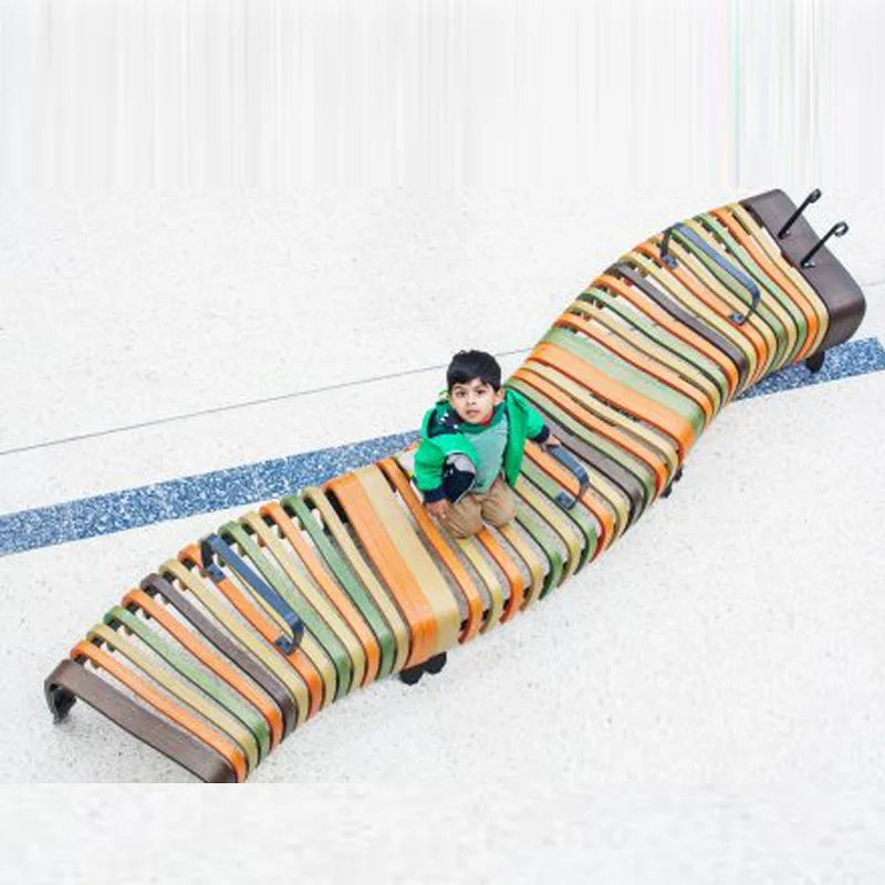 Stainless steel wooden creative leisure bench Airport subway Exhibition hall Public rest area Art bench