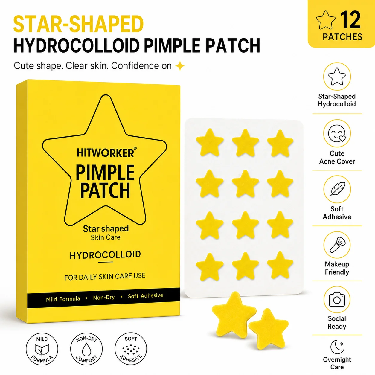 Star Shaped Pimple Patches, Hydrocolloid Acne Patch for Face, Cute Yellow Spot Cover Stickers, Makeup Friendly Blemish Patches