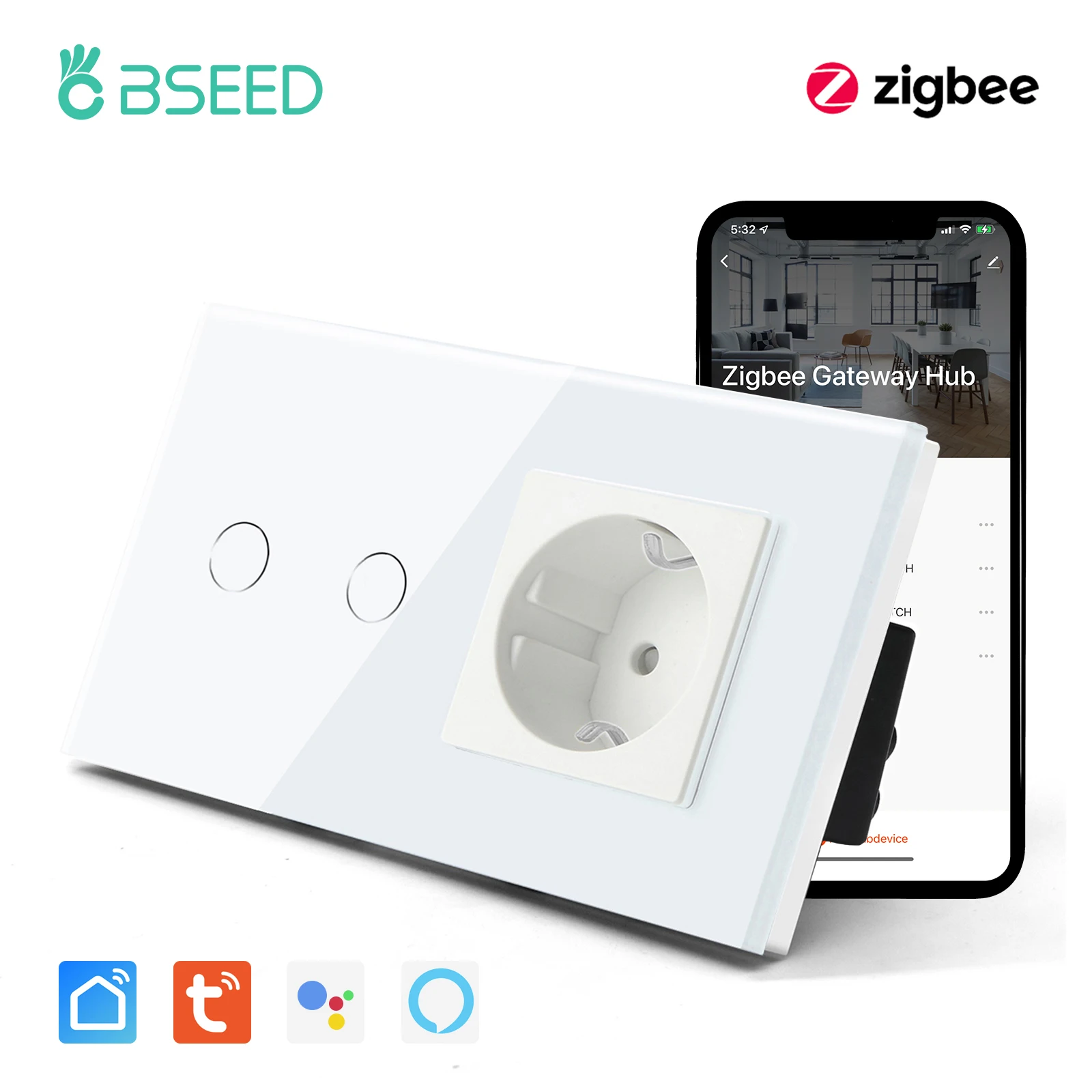 BSEED Zigbee 1/2/3Gang Touch Smart Switches mit normaler EU-Wandsteckdose Tuya Smart Life Alexa App-Steuerung Keine neutrale Version 6