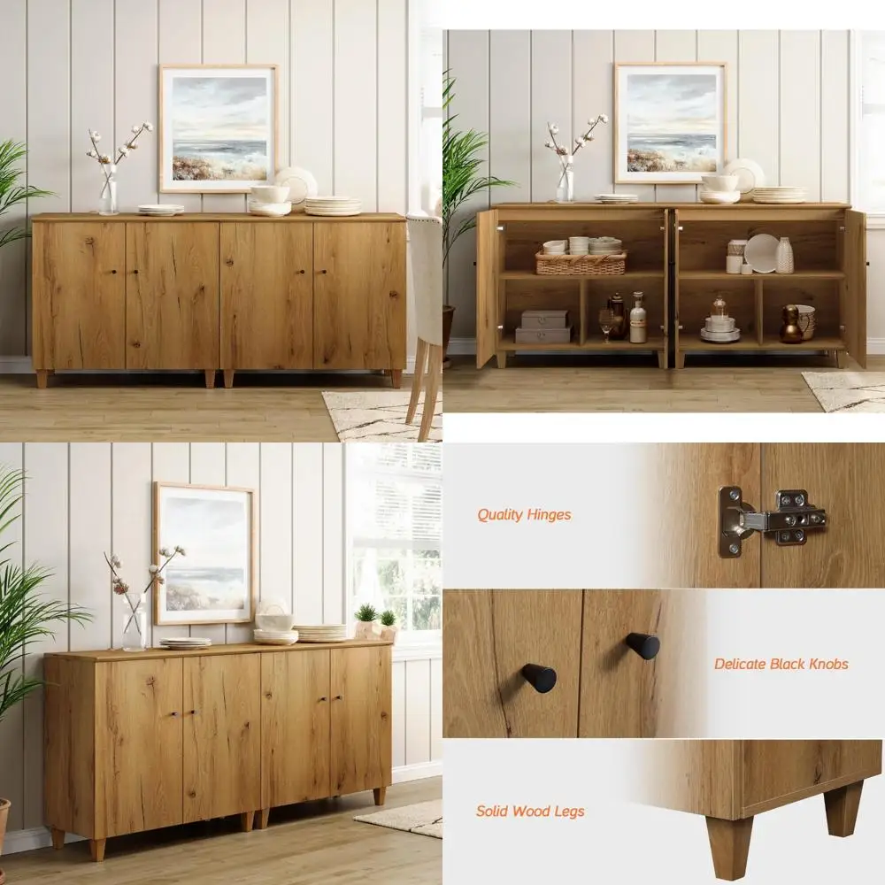 wide wooden credenza with 4 doors and 6 compartments for modern kitchen storage