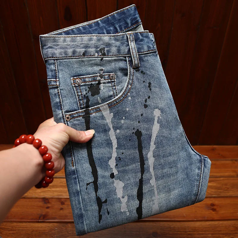 Printed inkjet jeans, men's fashion trend, Street Men's clothing, casual slim fit, small feet, retro denim pants