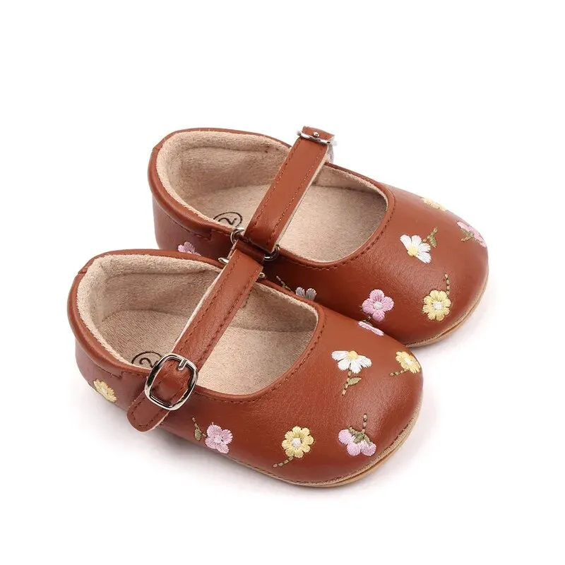 Meckior Newborn Baby Girl PU Leather Shoes Flower Princess Party Embroidered Anti Slip Rubber Sole Toddler Girls Shoes