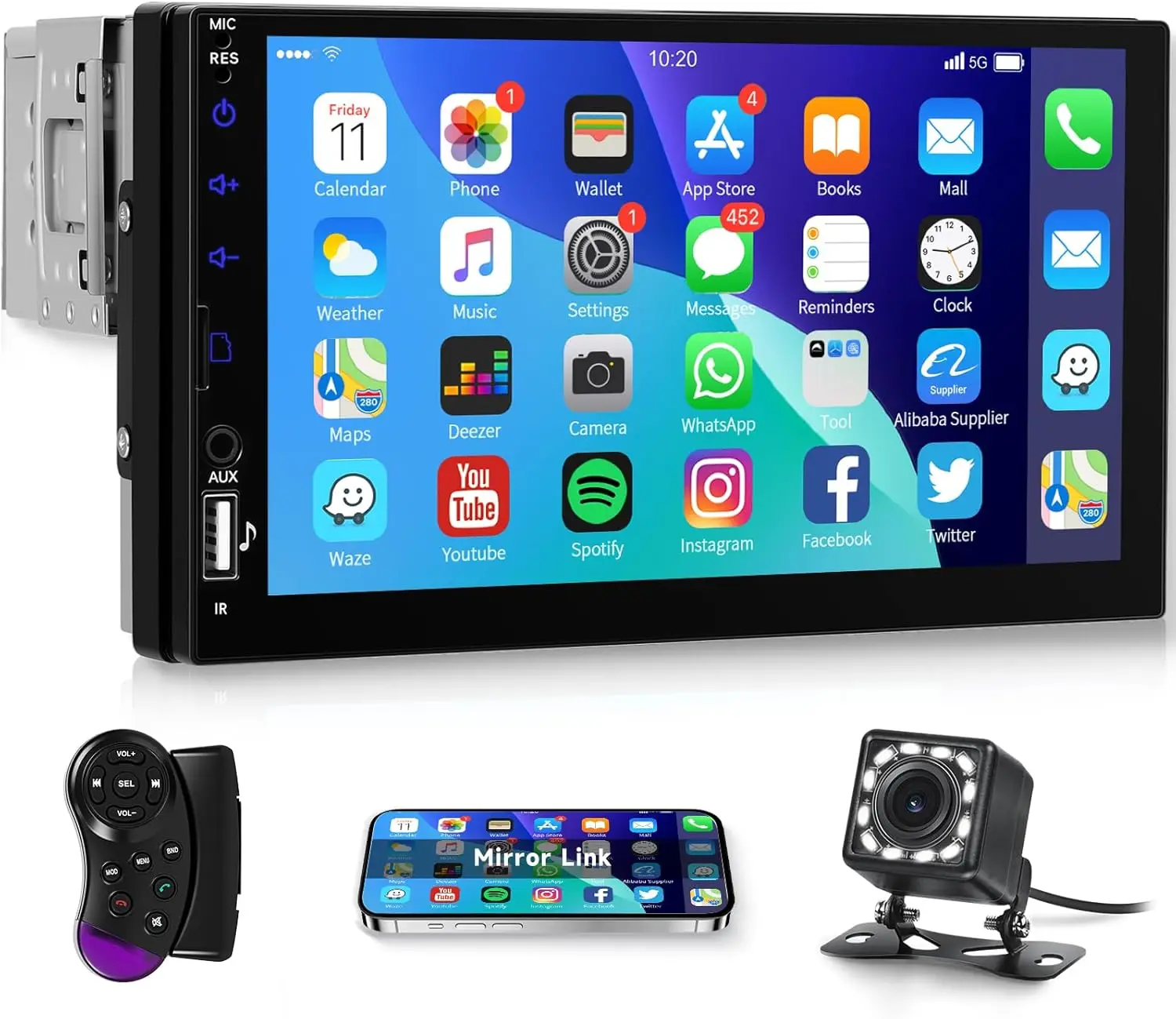 ستيريو سيارة بشاشة لمس عالية الدقة مقاس 7 بوصات مع بلوتوث، USB، AUX، FM، كاميرا خلفية، وصلة مرآة، تحكم في عجلة القيادة