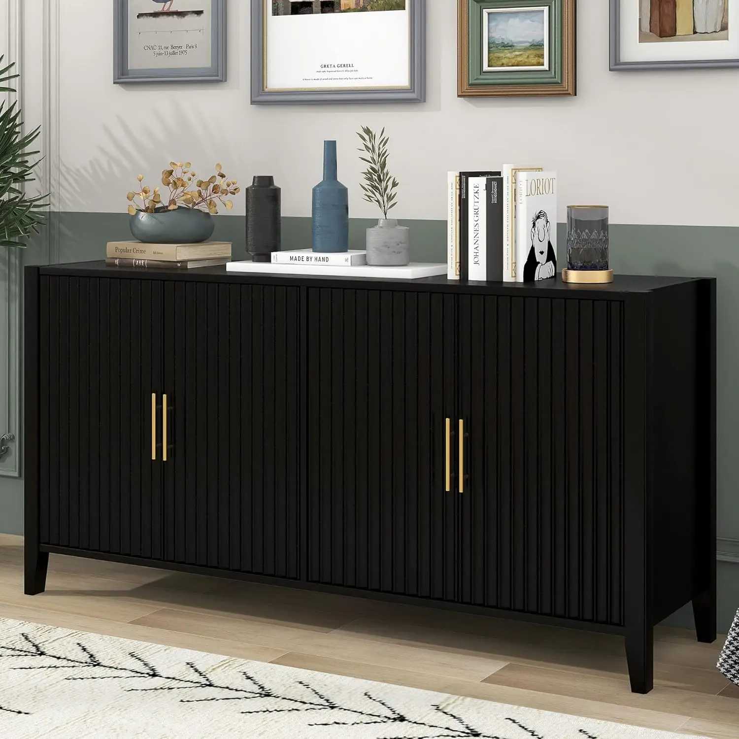 Amposei Sideboard Buffet Cabinet 63-Inch Wooden Credenza Storage Cabinet 4-Door Entryway Console Cabinet for Living Room