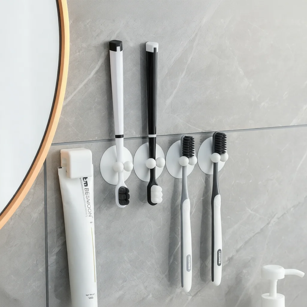 Bathroom Storage Rack Suction Cup Toothbrush Holder Organizer Wall Mounted Toothpaste Shelf For Daily Skincare Accessories - view 6