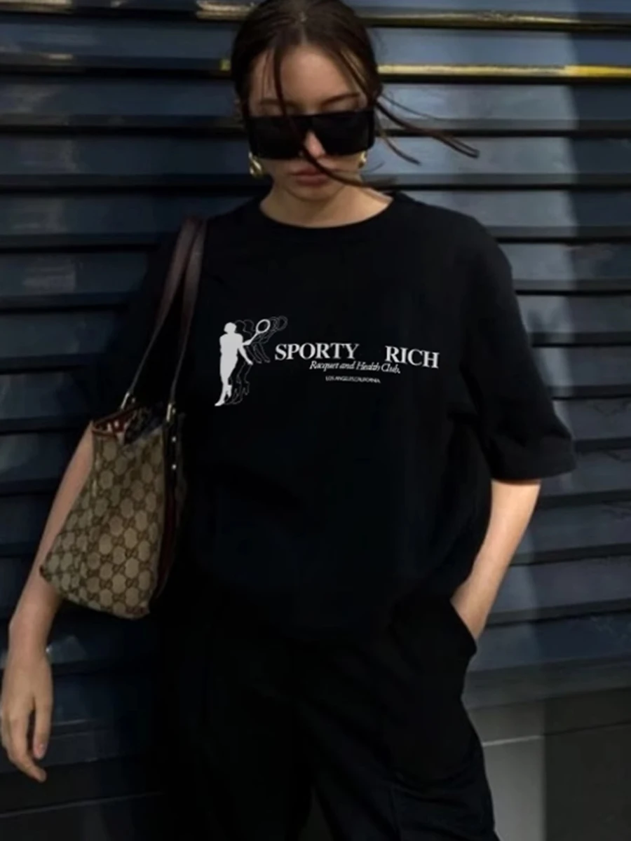 

Black Abstract Graphic T-shirt Women Summer Vintage Chic O-neck Short Sleeve Cotton Letter T-shirts Loose Fashion Tops2024 New