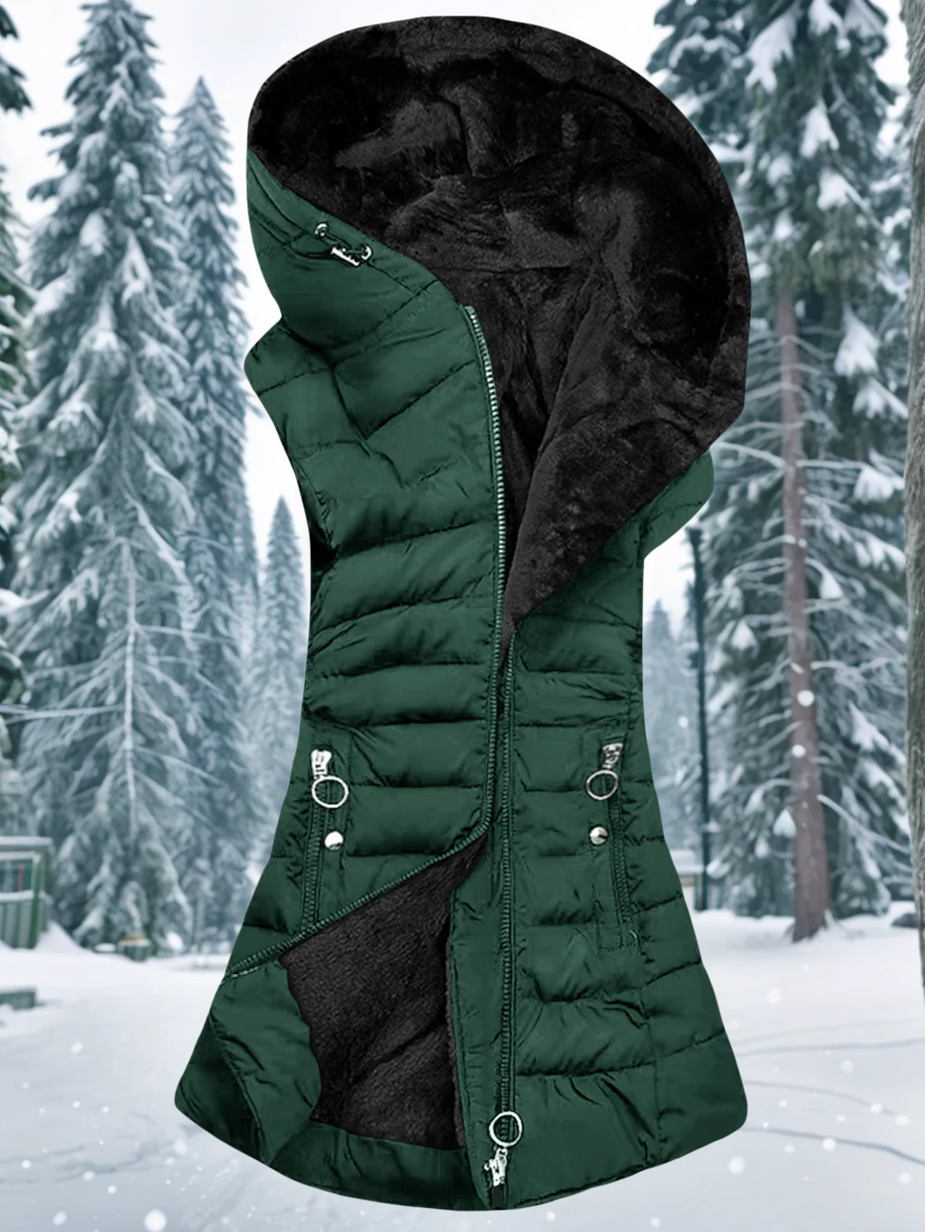 

Fashionable casual warm women's commuting solid colour hooded pocket zip-up sleeveless vest