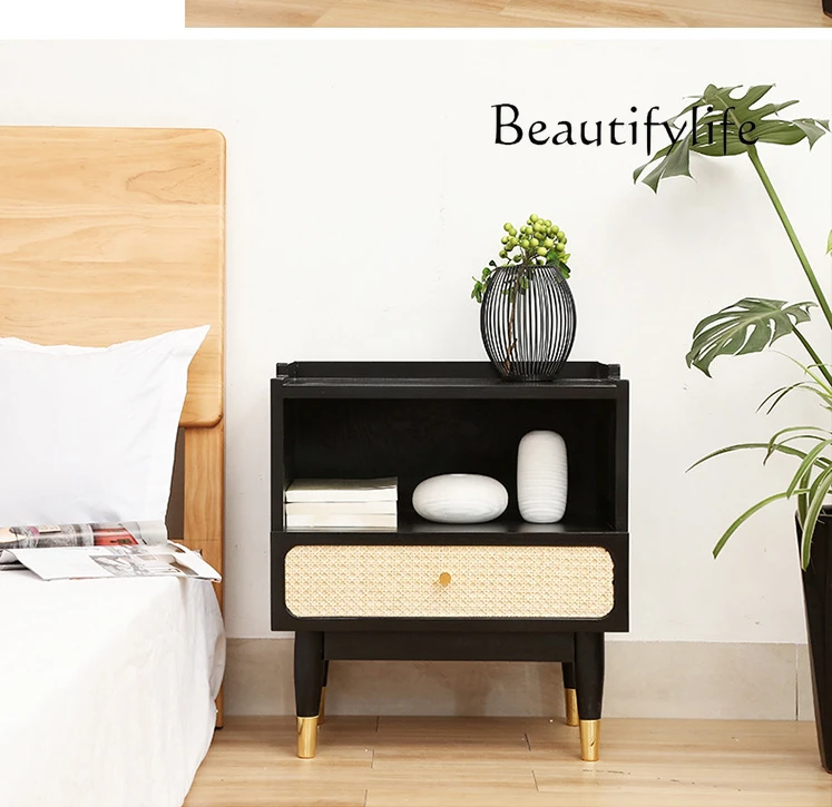 Nordic Solid Wood Bedside Cabinet Simple Modern Rattan Drawer Corner Cabinet