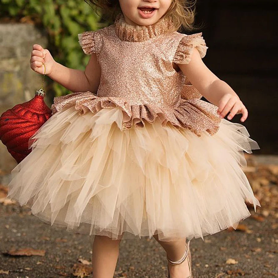 

High Neck Beach Flower Girl Dress A-line Tulle Fold Shiny Kids Princess Luxurious Tea Length Wedding Prom Beauty Pageant Gowns