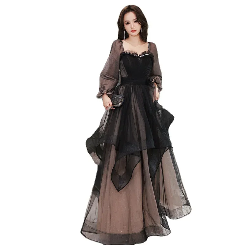 2024 Women\'s Evening Party Dress Long Sleeve Ruffle Square Neck Vintage Long Skirt Elegant Banquet Prom Dress For Women Vestidos