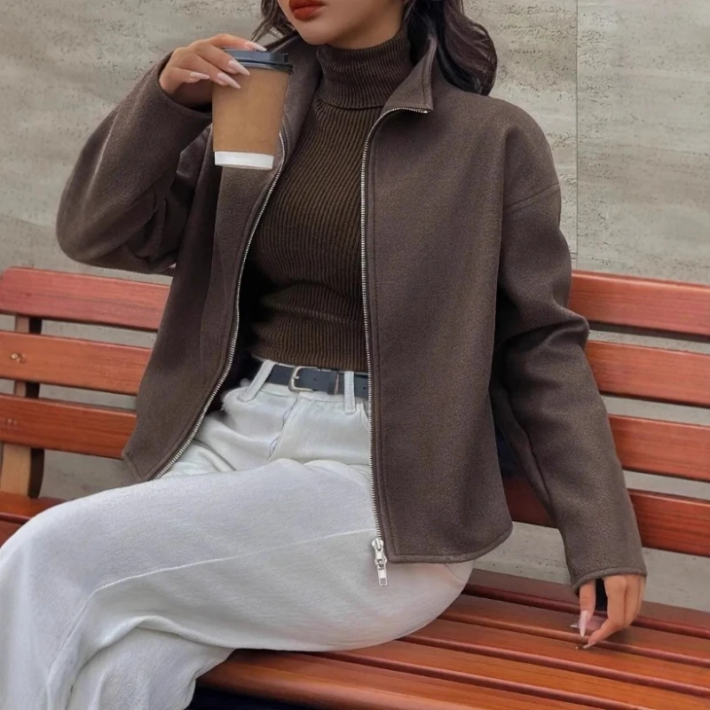 2025 Autumn and Winter Street Wind Ladies' Fashion Casual Jacket Simple Solid Color Woolen Jacket