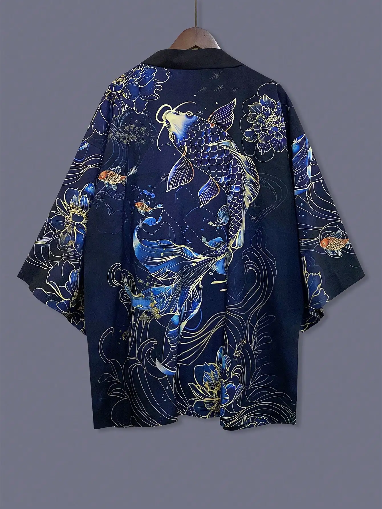 

Japanese Style Kimono Cover Up Koi Fish Floral Print Loose 3/4 Sleeve Unisex Lightweight Jacket Spring Summer