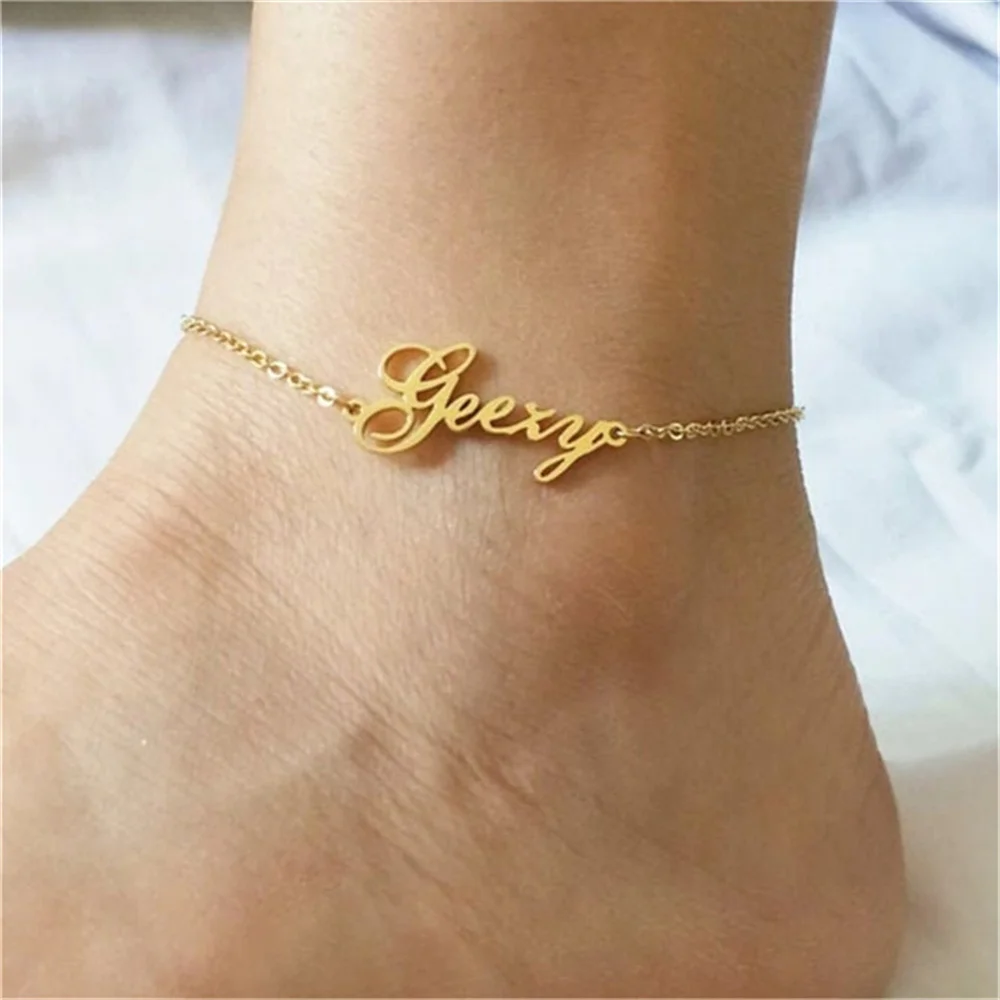 

Summer Personalized Custom Name Anklets For Women Stainless Steel Cable Chain Gold Colour Sandy Beach exquisite Jewelry Present