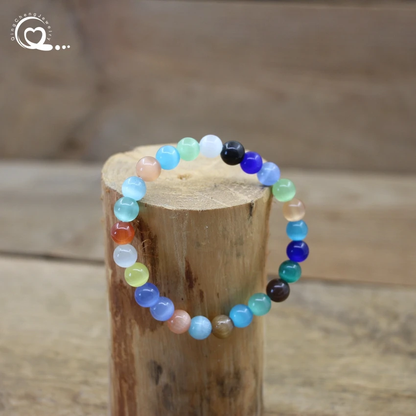 Cat Eye Stone Round Bead Bracelets Healing Crystal Blue Pink Green Yellow Purple White Opal Elastic Bangles Women Jewelry QC2087