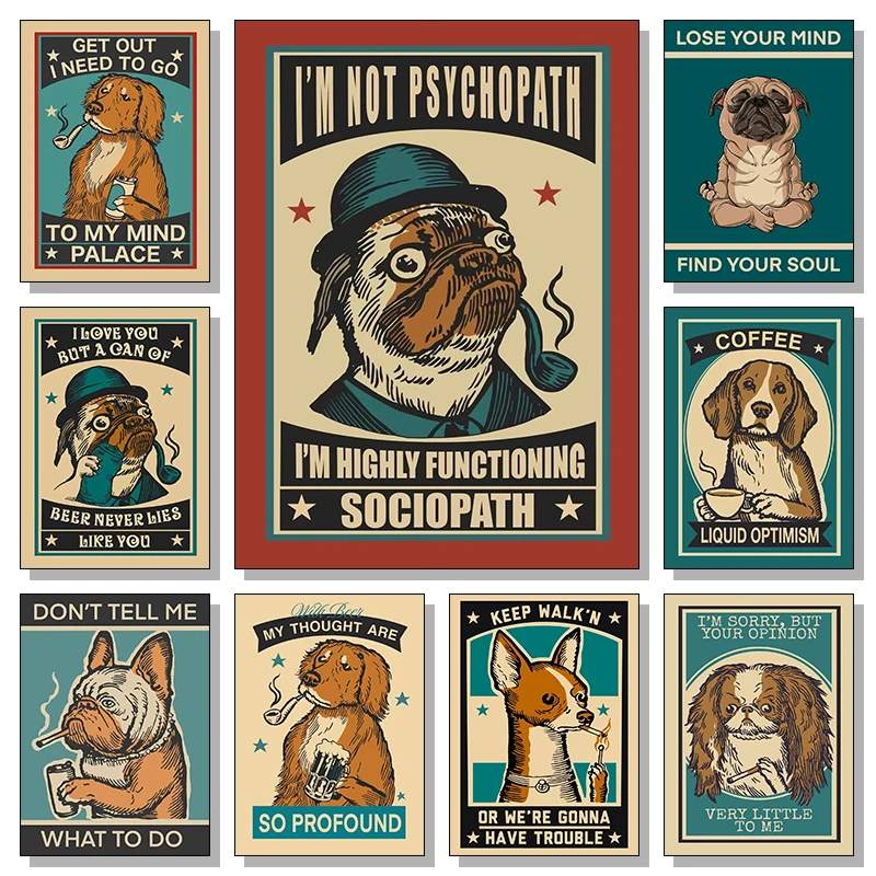 Vintage Funny Dogs Posters Animal Pug French Bulldog Canvas Painting Lose Your Mind Find Your Soul Wall Art Picture Home Deco