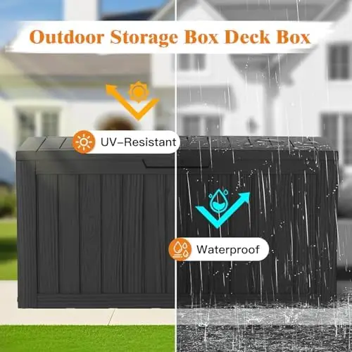 Outdoor Storage Box, 75 Gallon Waterproof Deck Boxes, Resin, Lockable Pool Deck Box for Garden Tools, Patio,Pool