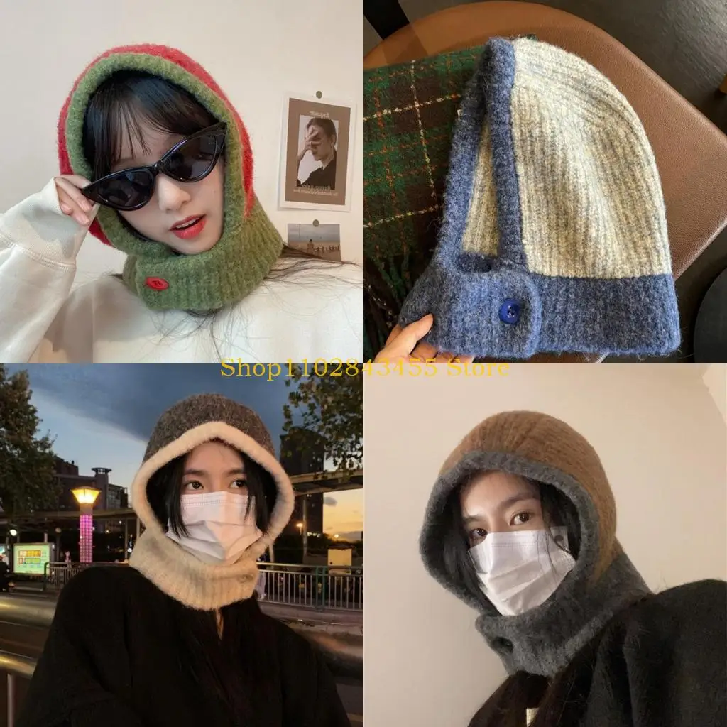 

49MC Warm Winter Knitted Hat Ear Flaps Neck Scarf Hat Women Autumn Headwear Lady Fashion Hooded Hat Windproof Caps Headgear