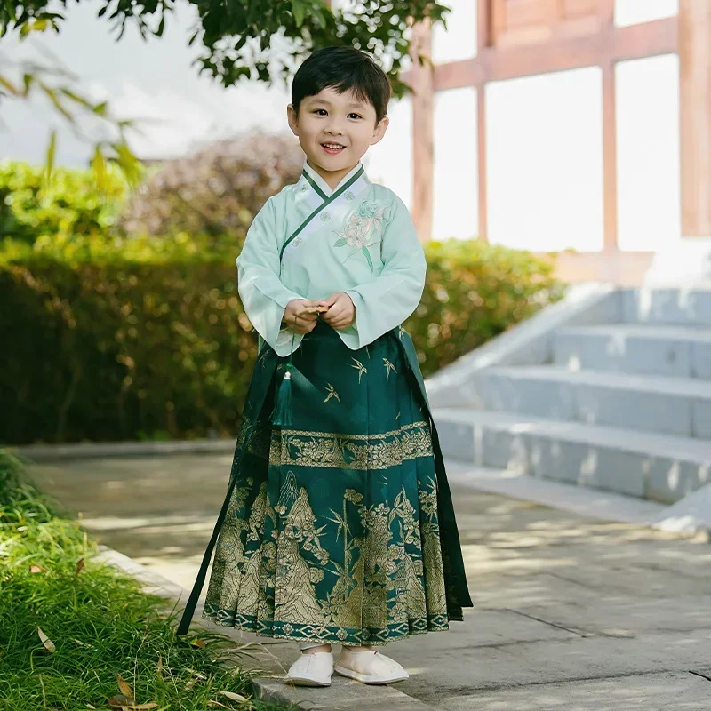 Rok Muka Kuda gaya China, anak laki-laki setelan Tang Hanfu Set kuno untuk bayi anak-anak