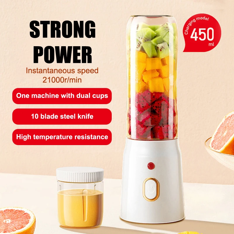 450ml Portable Wireless Electric Blender Dual Bottle Set USB Rechargeable Juicer Cup For Smoothie Milkshake Juice Food Ice