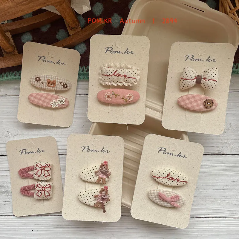 2PC Pink Bear Hair Clips for Girls Flower Tartan Plaid Print Barrettes Baby Spotty Hairpins Kids Fashion Hair Accessories