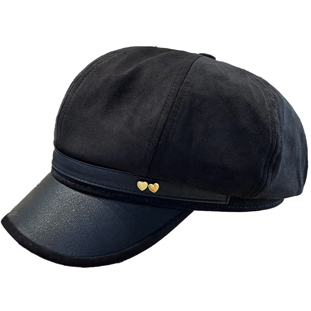 New Faux Leather Women's Octagonal Newsboy Cap Spliced Sun-Shading Brim Baker Boy Hat Love Duckbill Cap Casual Outings