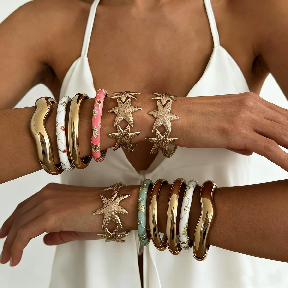 Vintage-Style Colorful Drip-Paint Flower Spring-Closure Bangle  Unique and Fashionable Women's Stackable Jewelry  Gift NEW