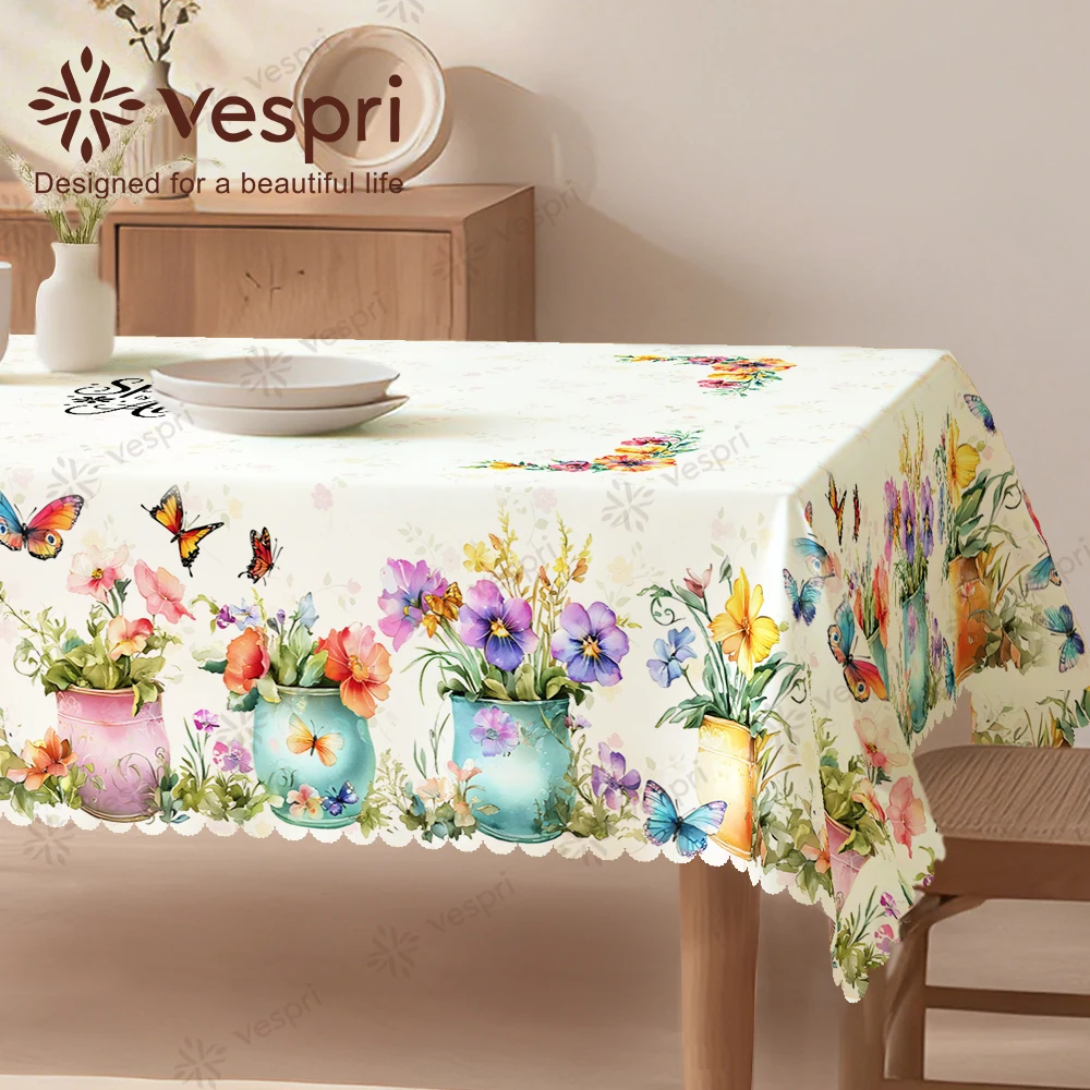 Floral Tablecloth with Mushrooms, Gnomes, Watering Can for Indoor/Outdoor Camping decor, Rectangular/Round/Oval