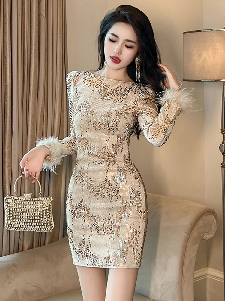 

Fashion Sparkly Sequin Evening Short Dresses Women Clothes Elegant Luxury O-Neck Bodycon Slim Mini Dress Mujer Vestidos Fiesta