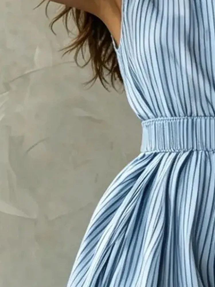 Women Sleeveless Striped Maxi Dress Stand Collar Elastic High Waist Flowy A Line Summer Dresses Elegant Office Holiday Outfit