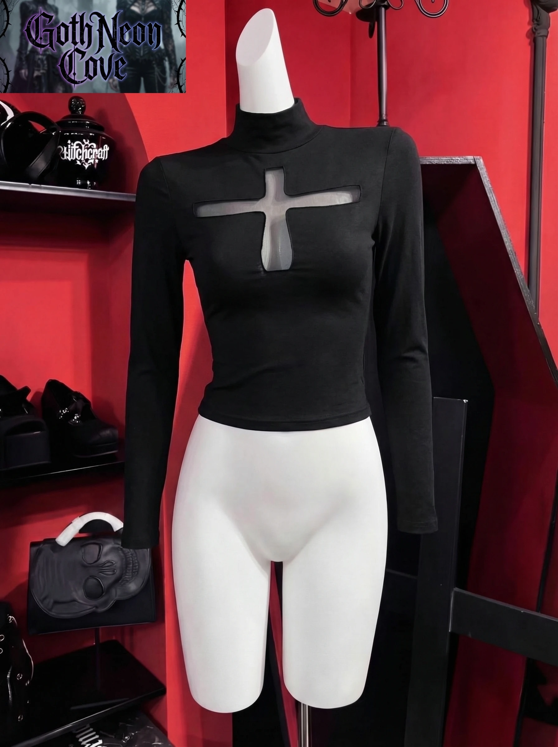 Gothic Dark Cross Hollow Long Sleeve Top Harajuku Y2K Vintage Punk Sexy Perspective Fashion Style Slim Women Top Spring Autumn