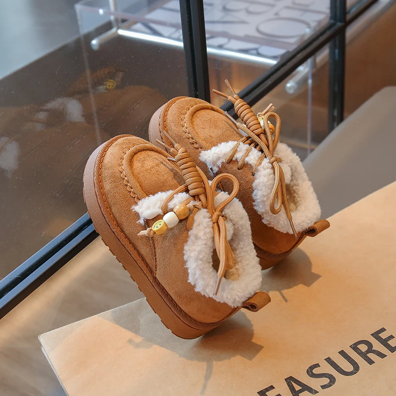 Wintermode für Kleinkinder, Mädchen, Stiefeletten aus Wildleder, warm gefüttert, mit Schnürung, bequem, weich, klobige Stiefel für den täglichen Gebrauch im Freien. – Detail 5