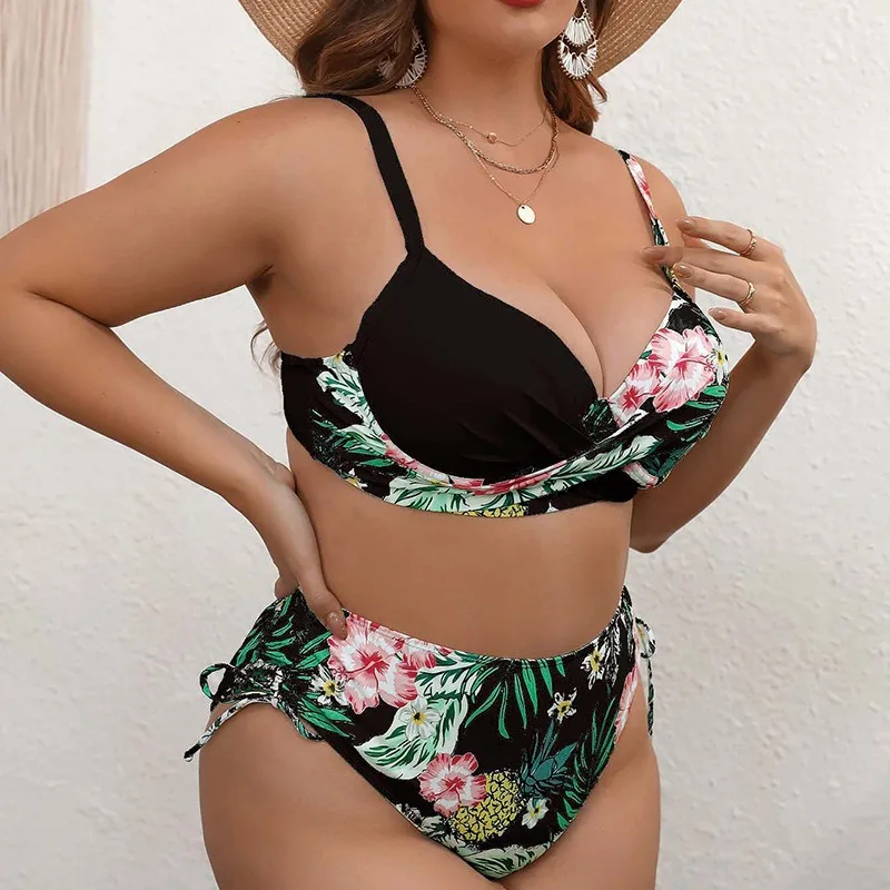 ชุดบิกินี่แยกส่วนผู้หญิงขนาดพลัสพร้อมพิมพ์ลายดอกไม้สดแบบดิจิตอล