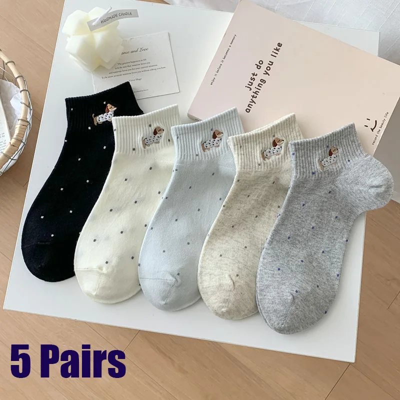 5 Pairs Women Ankle Socks Jacquard Dachshund Pattern Preppy Spring Summer Breathable Thin Low Cut No Show Socks