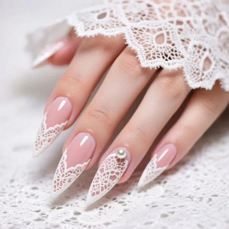 

24Pcs Long Stiletto Press on Nails Bridal White Lace Pearl Design Nude Pink French Tip Artificial False Nails for Wedding Party