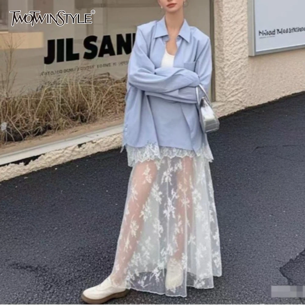 

TWOTWINSTYLE Hit Color Two Piece Set for Women Lapel Long Sleeve Blouse High Waist Skirt Sets Female Fashion New