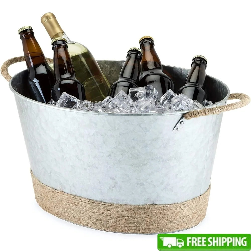 

Rustic Galvanized Metal Ice Beverage Tub with Jute Rope Handles 4.5 Gallon Drink Bucket Outdoor Entertaining Parties