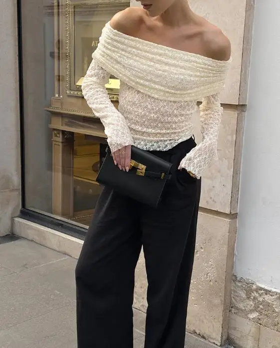 

Top Women 2026 Spring Autumn New Solid Color Off Shoulder Long Sleeve Slimming Jacquard Knitted Versatile Daily T-Shirt Top